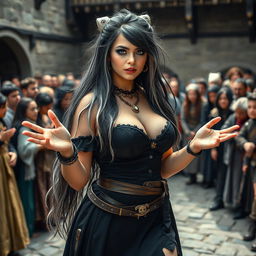 A stunning medieval scene capturing a beautiful 18-year-old girl with a thin face and curvy figure