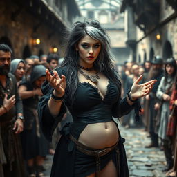 A stunning medieval scene capturing a beautiful 18-year-old girl with a thin face and curvy figure