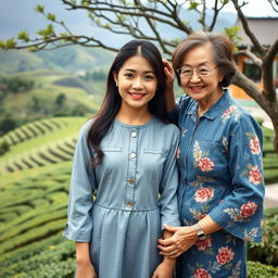 A beautiful Japanese woman wearing a light grey denim dress stands facing the camera with a gentle smile