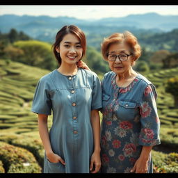 A beautiful Japanese woman wearing a light grey denim dress stands facing the camera with a gentle smile