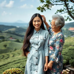 A beautiful Japanese woman wearing a light grey denim dress stands facing the camera with a gentle smile