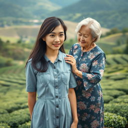 A beautiful Japanese woman wearing a light grey denim dress stands facing the camera with a gentle smile