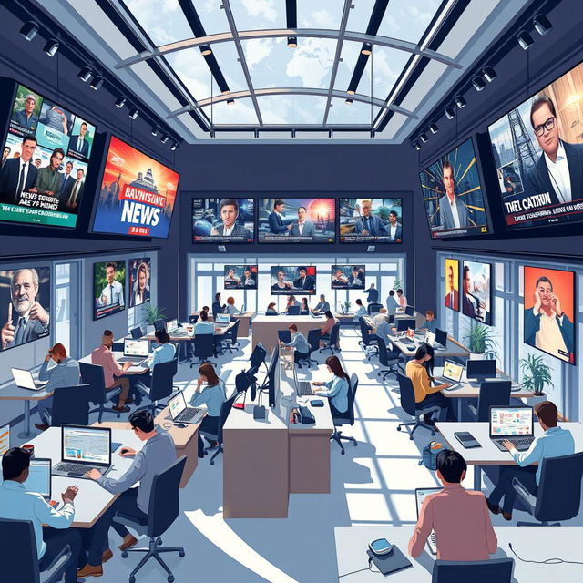 An illustration of a sophisticated and modern news agency office, bustling with activity