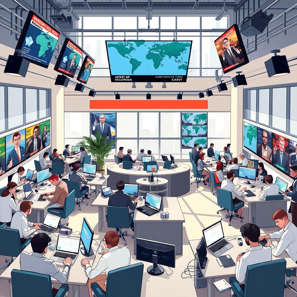 An illustration of a sophisticated and modern news agency office, bustling with activity