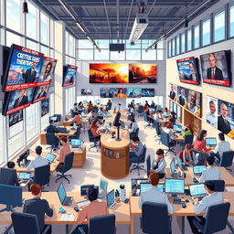 An illustration of a sophisticated and modern news agency office, bustling with activity