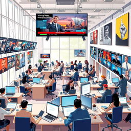An illustration of a sophisticated and modern news agency office, bustling with activity