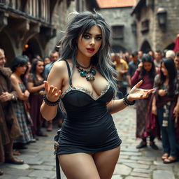 A vibrant medieval scene showcasing a beautiful 18-year-old girl with a thin face and curvy figure