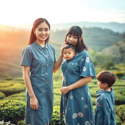 A beautiful Japanese woman wearing a gray denim dress, standing full body facing the camera with a gentle smile