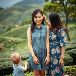 A beautiful Japanese woman wearing a gray denim dress, standing full body facing the camera with a gentle smile