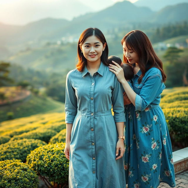 A beautiful Japanese woman wearing a gray denim dress, standing full body facing the camera with a gentle smile