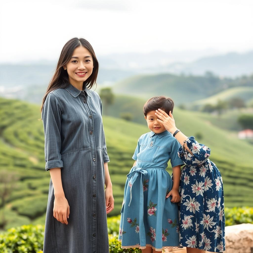 A beautiful Japanese woman wearing a gray denim dress, standing full body facing the camera with a gentle smile