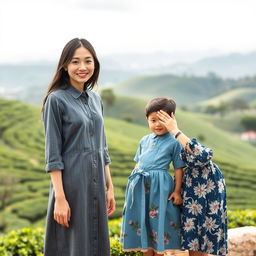 A beautiful Japanese woman wearing a gray denim dress, standing full body facing the camera with a gentle smile