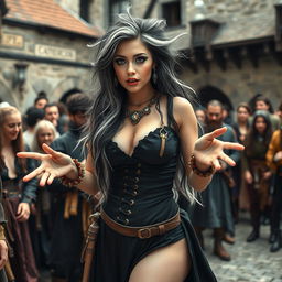 A captivating medieval scene featuring a beautiful 18-year-old girl with a thin face and captivating curves