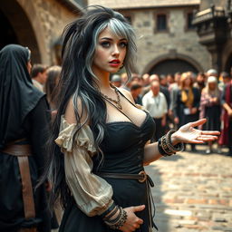 A captivating medieval scene featuring a beautiful 18-year-old girl with a thin face and captivating curves