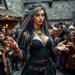 A captivating medieval scene featuring a beautiful 18-year-old girl with a thin face and captivating curves