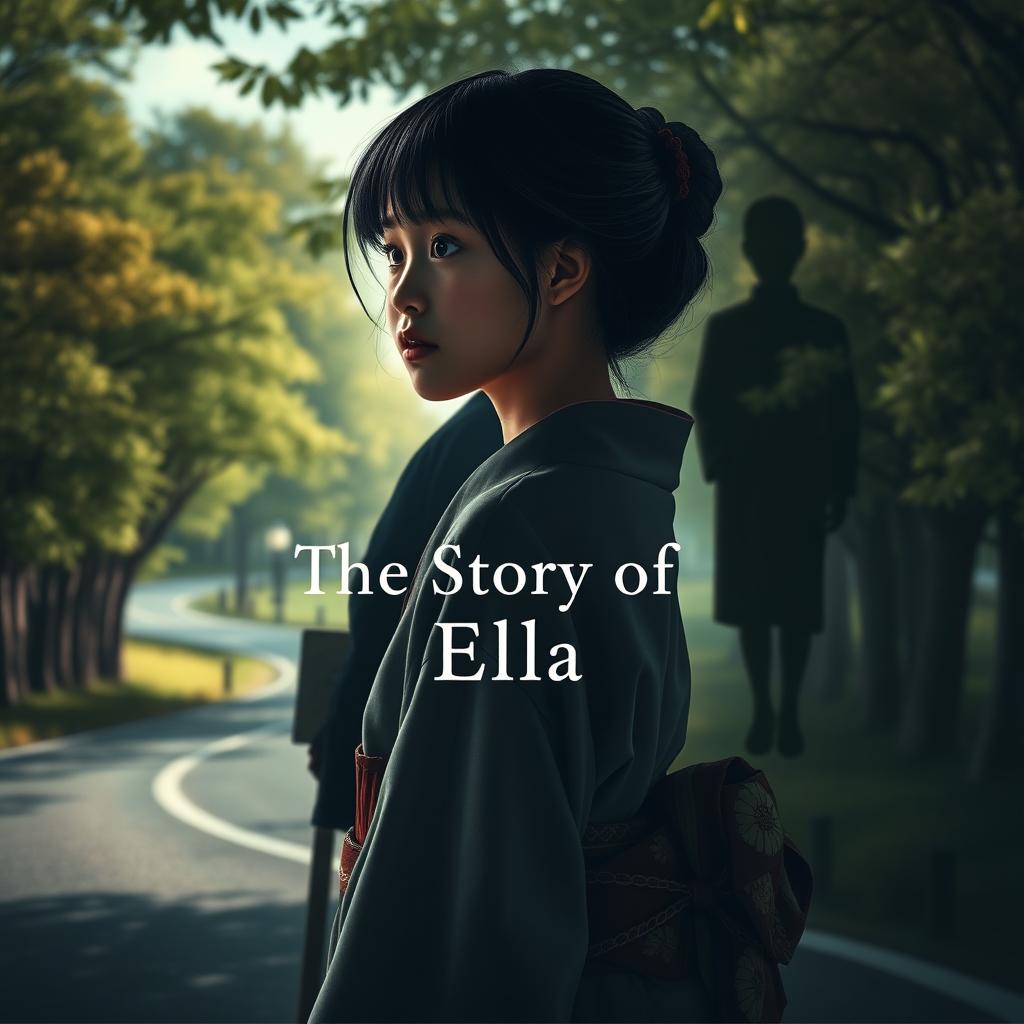 A captivating scene featuring a girl in a traditional kimono, her gaze focused into the distance with a serene expression