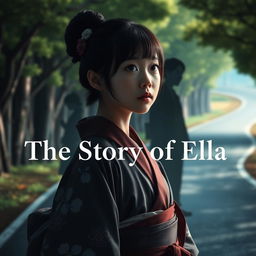 A captivating scene featuring a girl in a traditional kimono, her gaze focused into the distance with a serene expression