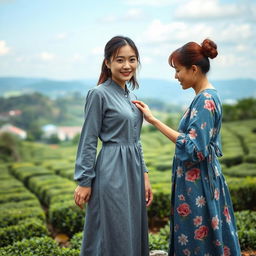 A beautiful Japanese woman wearing a gray denim dress, standing full-body facing the camera with a soft smile, accompanied by another woman in a floral-patterned denim dress, gently stroking the hair of her child