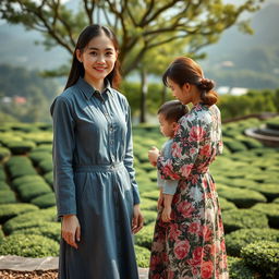 A beautiful Japanese woman wearing a gray denim dress, standing full-body facing the camera with a soft smile, accompanied by another woman in a floral-patterned denim dress, gently stroking the hair of her child