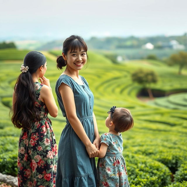 A beautiful Japanese woman wearing a gray denim dress, standing full-body facing the camera with a soft smile, accompanied by another woman in a floral-patterned denim dress, gently stroking the hair of her child