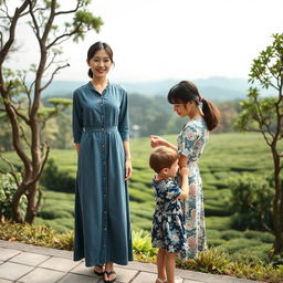 A beautiful Japanese woman wearing a gray denim dress, standing full-body facing the camera with a soft smile, accompanied by another woman in a floral-patterned denim dress, gently stroking the hair of her child