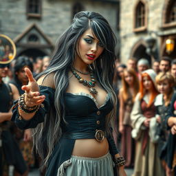 A captivating medieval scene featuring a beautiful 18-year-old girl with a thin face and alluring curves