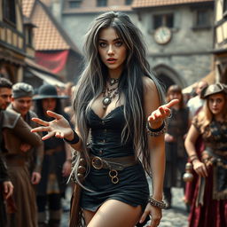 A captivating medieval scene featuring a beautiful 18-year-old girl with a thin face and alluring curves