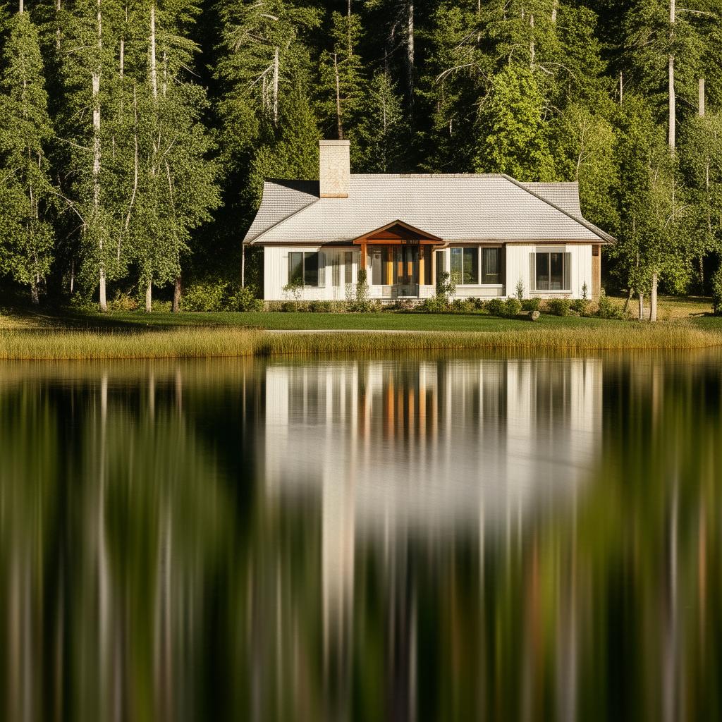 A beautiful lake house, perfectly reflected on the tranquil water surface