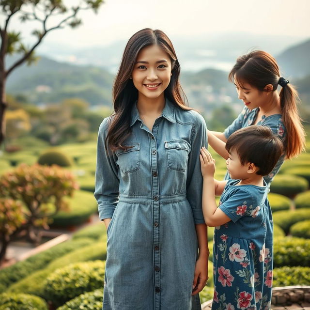 A beautiful Japanese woman wearing a grey denim dress stands in full body facing the camera with a gentle smile