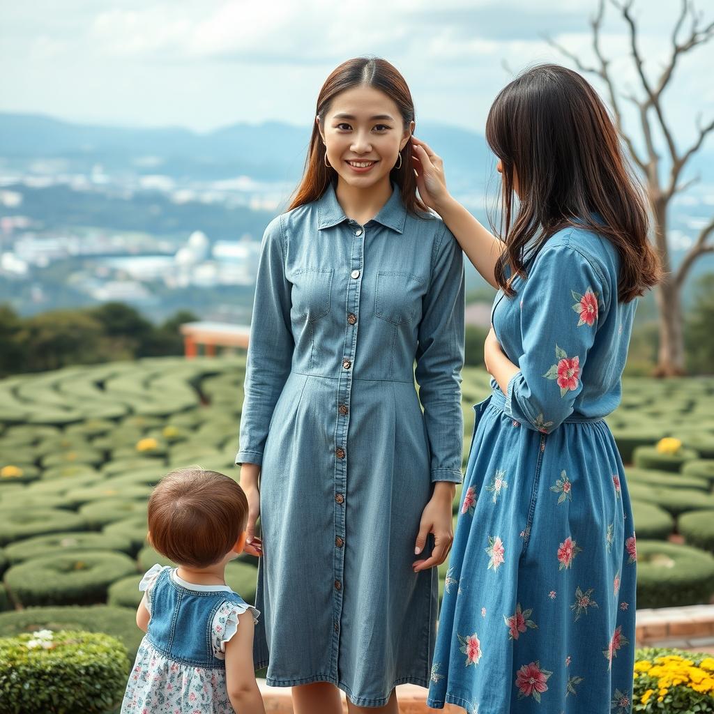 A beautiful Japanese woman wearing a grey denim dress stands in full body facing the camera with a gentle smile