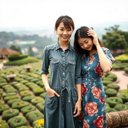 A beautiful Japanese woman wearing a grey denim dress stands in full body facing the camera with a gentle smile