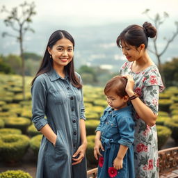 A beautiful Japanese woman wearing a grey denim dress stands in full body facing the camera with a gentle smile