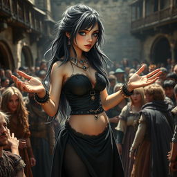 A vivid medieval scene depicting a beautiful 18-year-old girl with a thin face and captivating curves