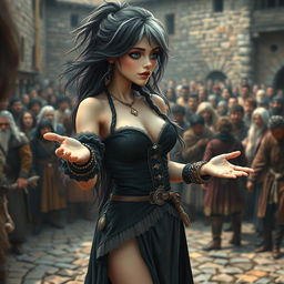 A vivid medieval scene depicting a beautiful 18-year-old girl with a thin face and captivating curves