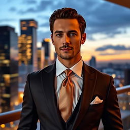A sophisticated man in a sleek, tailored formal suit with a crisp white shirt and a silk tie, exuding confidence and elegance