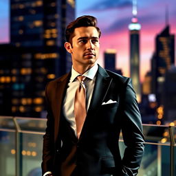A sophisticated man in a sleek, tailored formal suit with a crisp white shirt and a silk tie, exuding confidence and elegance
