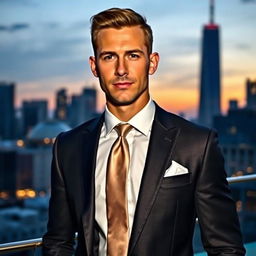 A sophisticated man in a sleek, tailored formal suit with a crisp white shirt and a silk tie, exuding confidence and elegance