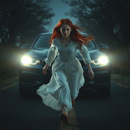 A dramatic scene featuring a 17-year-old girl with long, flowing red hair, wearing billowing white clothing, running across a dark, deserted road