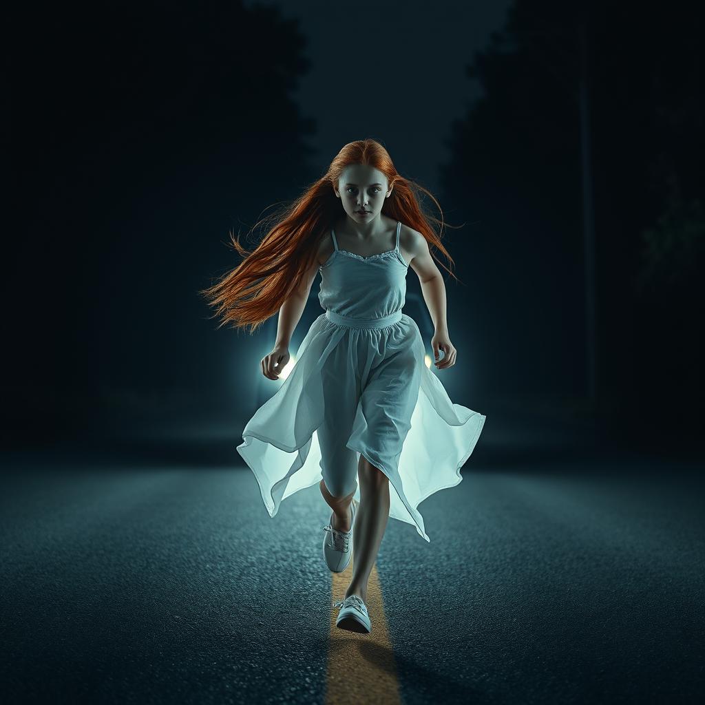 A dramatic scene featuring a 17-year-old girl with long, flowing red hair, wearing billowing white clothing, running across a dark, deserted road