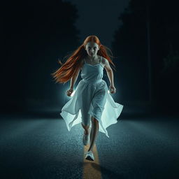 A dramatic scene featuring a 17-year-old girl with long, flowing red hair, wearing billowing white clothing, running across a dark, deserted road