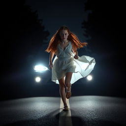 A dramatic scene featuring a 17-year-old girl with long, flowing red hair, wearing billowing white clothing, running across a dark, deserted road