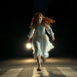 A dramatic scene featuring a 17-year-old girl with long, flowing red hair, wearing billowing white clothing, running across a dark, deserted road