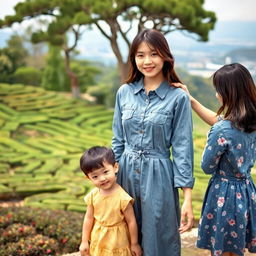 A beautiful Japanese woman wearing a gray denim dress, standing full body facing the camera with a gentle smile