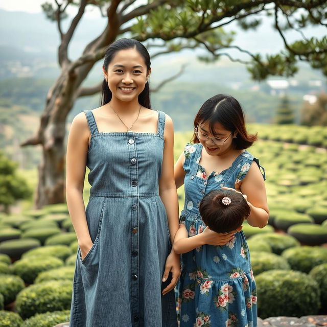 A beautiful Japanese woman wearing a gray denim dress, standing full body facing the camera with a gentle smile