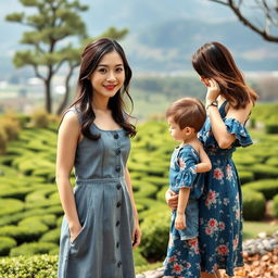 A beautiful Japanese woman wearing a gray denim dress, standing full body facing the camera with a gentle smile