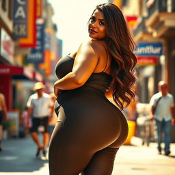 A very voluptuous woman with a large booty, standing confidently