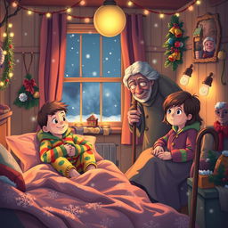 In a cozy, warmly lit room decorated for New Year's Eve, a brother and sister, bundled in colorful pajamas, are preparing to sleep