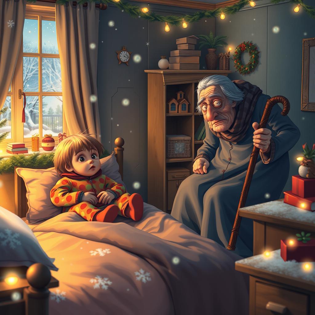 In a cozy, warmly lit room decorated for New Year's Eve, a brother and sister, bundled in colorful pajamas, are preparing to sleep