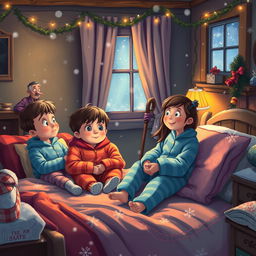 In a cozy, warmly lit room decorated for New Year's Eve, a brother and sister, bundled in colorful pajamas, are preparing to sleep