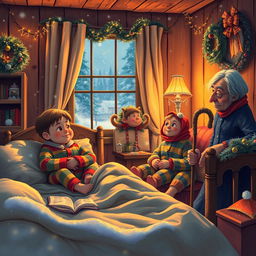 In a cozy, warmly lit room decorated for New Year's Eve, a brother and sister, bundled in colorful pajamas, are preparing to sleep